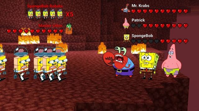 Minecraft Speedrunners VS 3 Hunters: Insane Squidward, 5 SpongeBob Robots & Master Udon