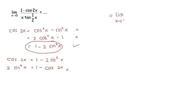 limit x mendekati 0 (1-cos 2x)/(x.tan 1/2x) = .... смотреть онлайн