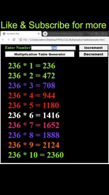 HTML, CSS And JavaScript Code To Print Multiplication Table #shorts
