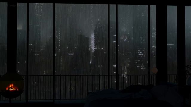 Listening The Sounds Of Heavy Rainstorm Outside Window Balcony From Cozy Bedroom And Fireplace смотреть онлайн