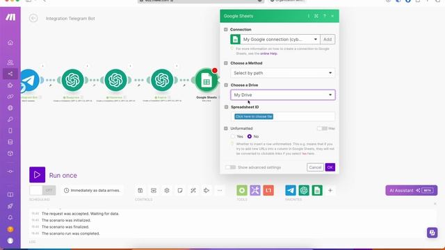 GPT GOOGLE ТАБЛИЦЫ автоматизация GPT, Google Sheets, Telegram, Make.com