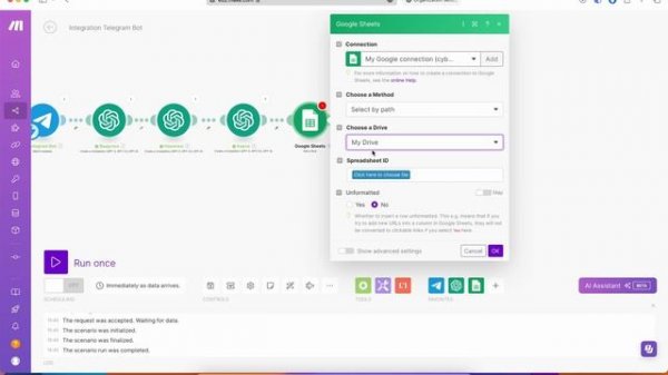 GPT GOOGLE ТАБЛИЦЫ автоматизация GPT, google sheets, telegram, make.com