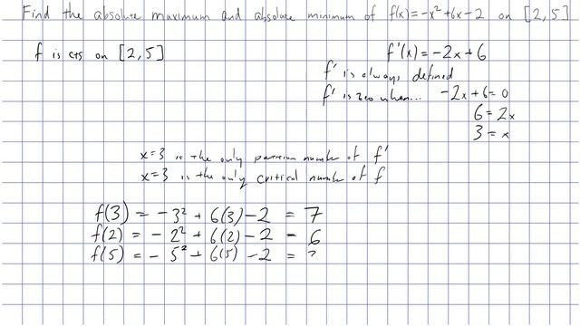 Absolute maximum and minimum of f(x)=-x^2+6x-2 on [2,5] смотреть онлайн