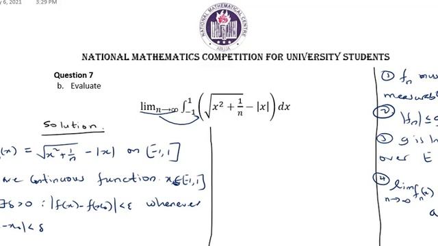 National Mathematics Competition 2017Q7b | Limit of an Integral | Lebesgue Integral | ImmaculateMat смотреть онлайн