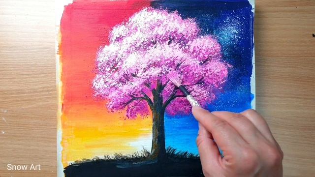 Daily Relaxing Art #42/Acrylic/Day and Night scenery under Cherry Blossom Tree/Couple Painting смотреть онлайн