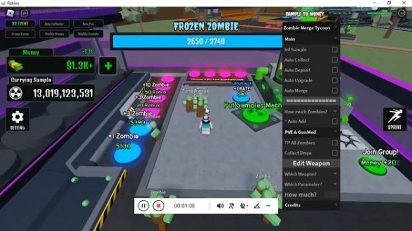 Roblox Zombie Merge Tycoon Script (Infinite Sample, AutoCollect, AutoDeposit, AutoUpgrade, Merge)