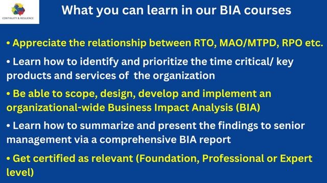 Attend the Business Impact Analysis BIA course by Continuity and Resilience смотреть онлайн