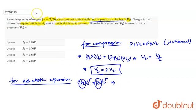 A certain quantity of oxygen (gamma=7//5) is comparessed isothermally until its pressure is doub... смотреть онлайн
