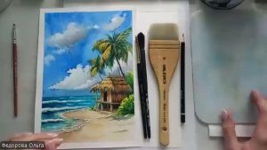 Акварель. Бунгало и пальмы