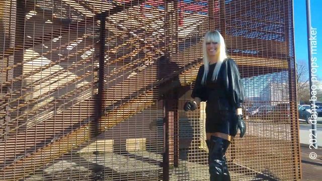 DANA LABO - walk in leather mini dress, shiny corsair boots very high heels and gloves and jacket смотреть онлайн
