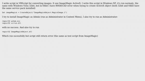 Error 800A01AD in VBScript on Windows Vista 64bit when create ActiveX object
