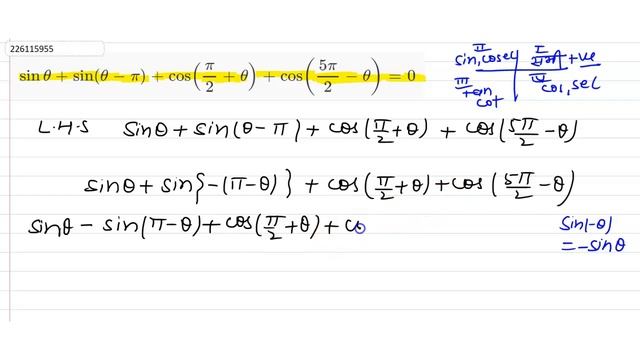 sin theta + sin ( theta -pi ) + cos((pi)/(2) + theta) +cos ((5pi)/( 2) - theta ) =0 | 11 | त्र... смотреть онлайн