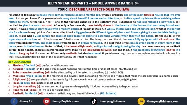 IELTS SPEAKING PART 2 SAMPLE - DESCRIBE A PERFECT HOUSE YOU SAW