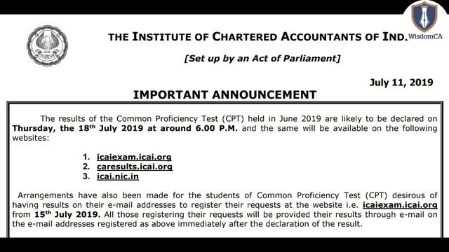 ICAI Announcement 11/07/2019 || CA CPT Result Date смотреть онлайн