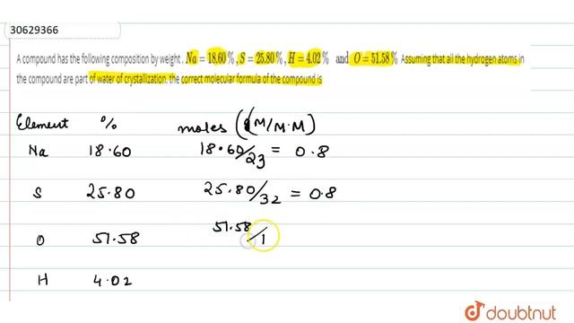 A compound has the following composition by weight , Na = 18.60 %, S = 25.80 %, H = 4.02 % and O... смотреть онлайн