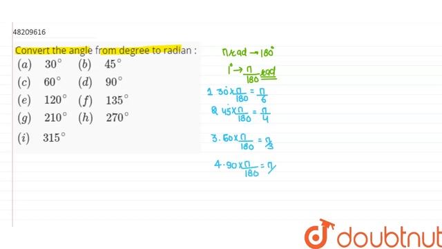 Convert the angle from degree to radian : `{:((a)" "30^(@),(b)" "45^(@)),((c)" "60^(@),(d)" смотреть онлайн