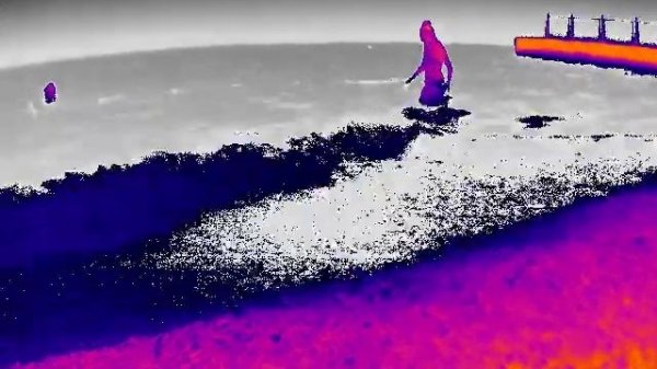 This is a thermal video of people in sea