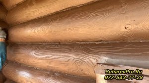 Пескоструйная обработка сруба. Пескоструйная шлифовка деревянного дома. Краска Тиккурила теплый шов