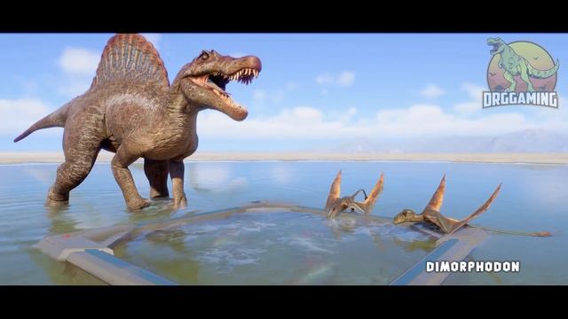 SPINOSAURUS SHARES FISH WITH OTHER DINOSAURS AND REPTILES | JURASSIC WORLD EVOLUTION 2 смотреть онлайн