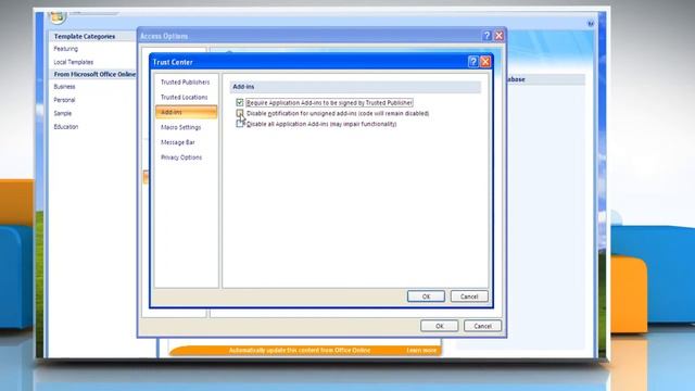 Microsoft® Access 2007: Vew or change add-in security settings on Windows® XP смотреть онлайн