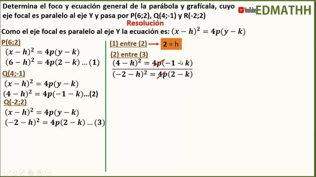 Ecuación de la parábola , cuyo eje focal es paralelo al eje Y y pasa por P(6;2), Q(4;-1) y R(-2;2) смотреть онлайн