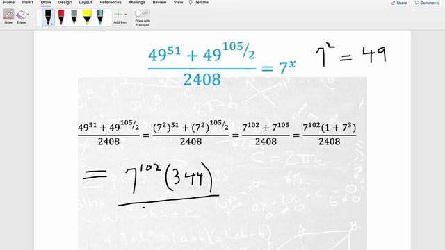 Solve for x, (49^51 + 49^(105/2))/2408 = 7^x, rational exponent quotient equation смотреть онлайн