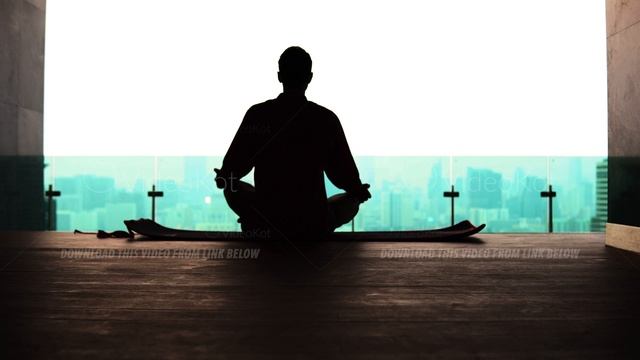 Silhouette of a man sitting in the Lotus position against the background of the city смотреть онлайн