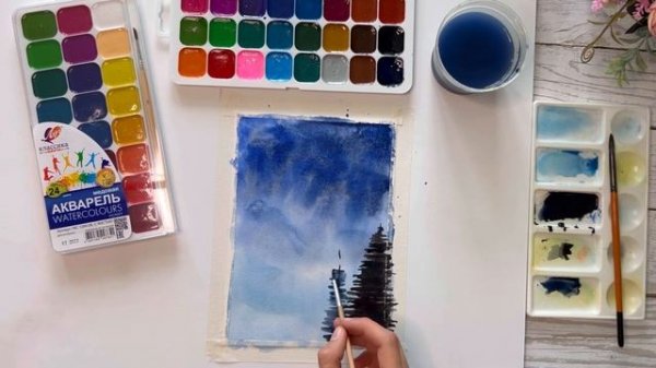 Рисуем ночной зимний пейзаж акварелью за 5 минут / Для начинающих /Получится у всех