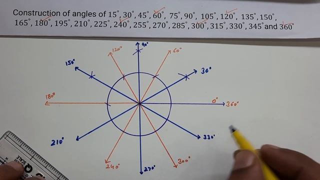 Construction of angles, 15, 30, 45, 60, 75, 90, 105, 120, 135, 150, 165, 180, 195, 210, .... degree смотреть онлайн
