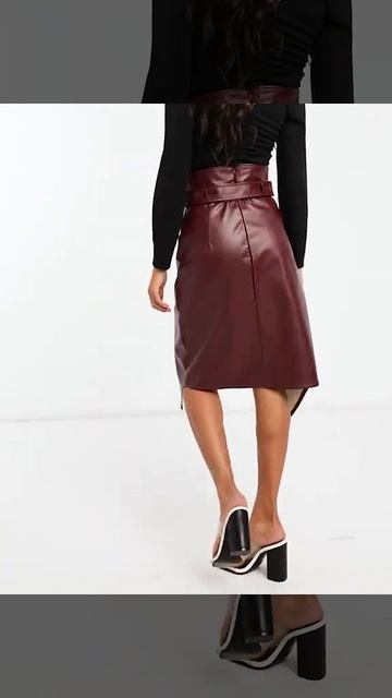 Faux leather belted wrap front skirt in burgundy смотреть онлайн