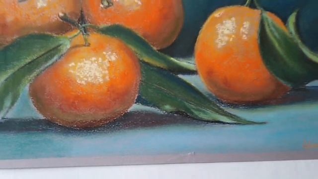 Ginger tangerines on a turquoise background / Картина пастелью "Спелые мандарины на зеленом фоне" смотреть онлайн