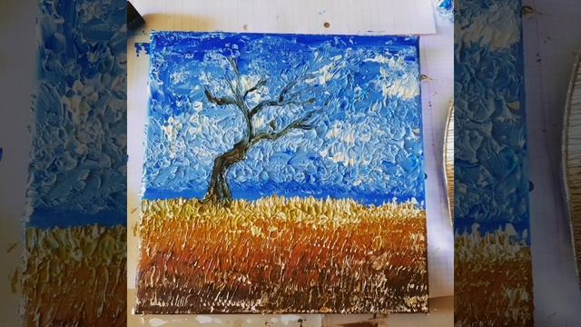 A tree and a man walking the dog. Stages of work // Дерево и человек с собакой. Этапы работы. Холст смотреть онлайн