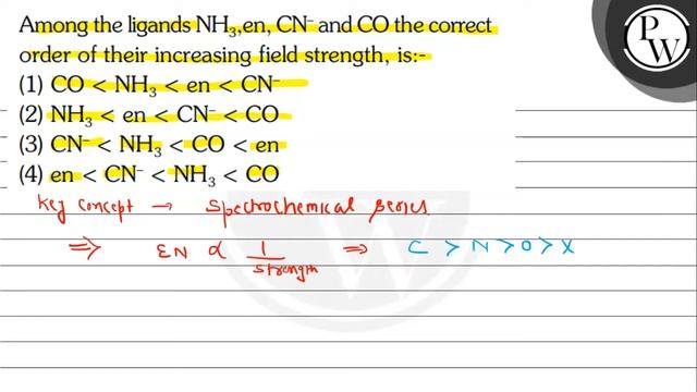 Among the ligands \( \mathrm{NH}_{3} \),en, \( \mathrm{CN}^{-} \)and \( \mathrm{CO} \) the corre... смотреть онлайн