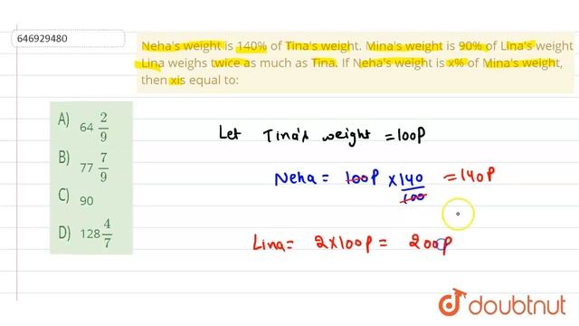Neha\'s weight is 140% of Tina\'s weight. Mina\'s weight is 90% of Lina\'s weight. Lina weighs t... смотреть онлайн