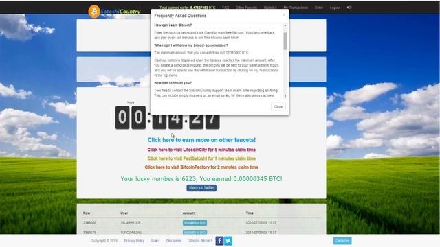 Биткоин кран SatoshiCountry каждые 15 мин. от 102 до 127131 сатоши. смотреть онлайн