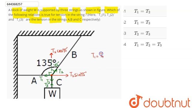 A block of weight W is supported by three strings as shown in figure. Which of the following re... смотреть онлайн