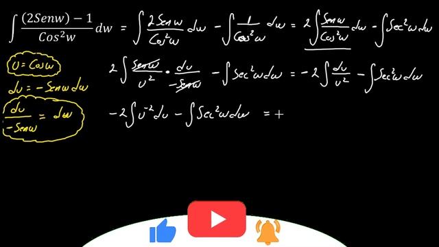 Integrales | 100 Integrales por Sustitución o CV 55 - integral de ((2senw)-1)/(cos^2w)dw смотреть онлайн