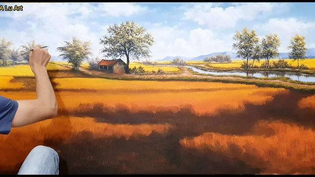 Vẽ tranh mùa thu hoạch lúa / Tranh phong cảnh đồng quê / A Lu Art. смотреть онлайн