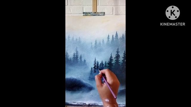 how to draw a landscape with acrylic paints, paint a picture foggy forest, we draw fog in the fores смотреть онлайн