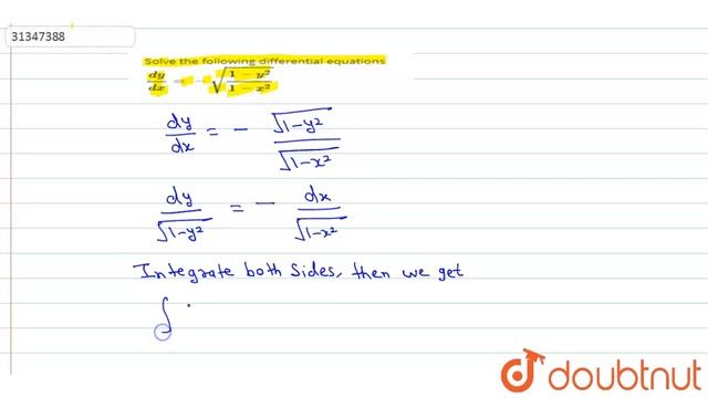 Solve the following differential equations `(dy)/(dx)=-sqrt((1-y^(2))/(1-x^(2)))` смотреть онлайн