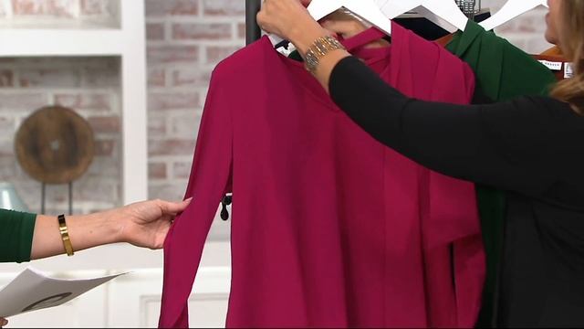 Susan Graver Liquid Knit Peplum Back Top with Chiffon Overlay on QVC смотреть онлайн
