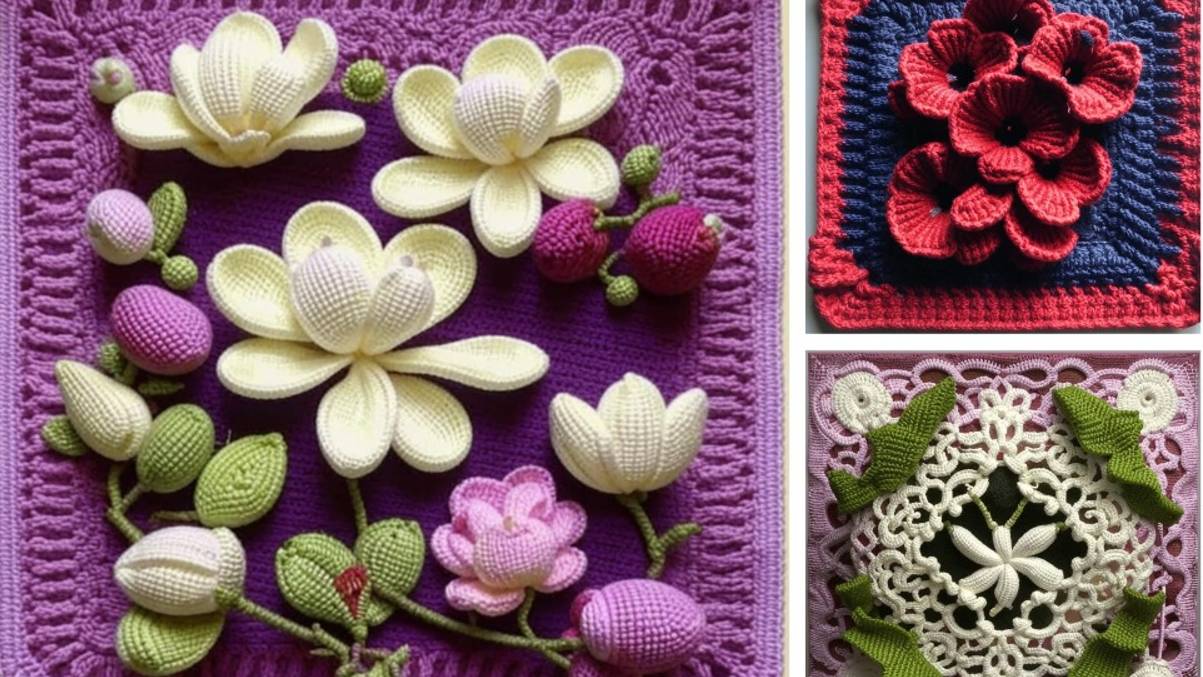 Квадратные вязаные мотивы с ЦВЕТАМИ от нейросети. ПОДБОРКА №20. смотреть онлайн