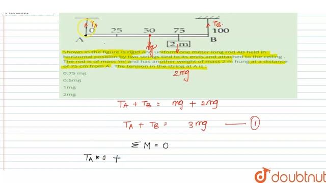 Shown in the figureis rigid and uniform one meter long rod AB held in horizontalposition by two... смотреть онлайн