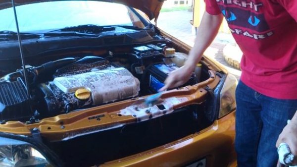 Cleaning the engine with meguiars engine cleaner and engine dressing