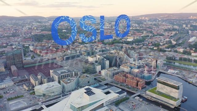 Inscription on video. Oslo, Norway. Panoramic view of the city center during sunset. Railway statio смотреть онлайн