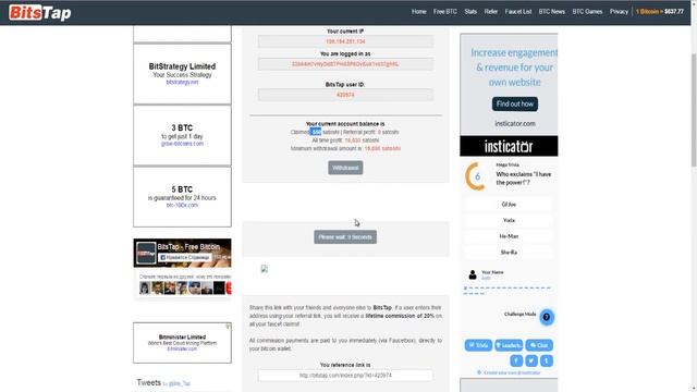 Биткоин кран BitsTap каждый 1 час от 500 до 1500 сатоши. смотреть онлайн