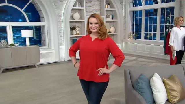 Susan Graver Essentials Butterknit 3/4 Sleeve Split Neck Top on QVC смотреть онлайн