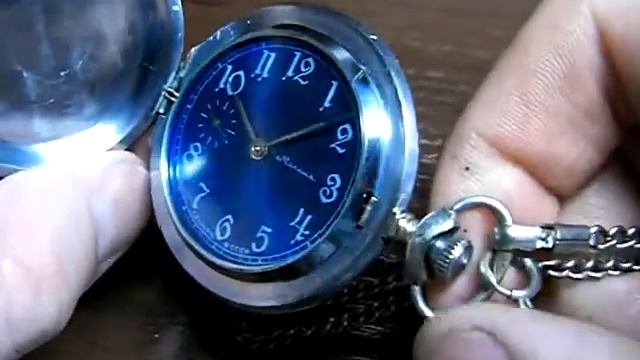 Rare Blue dial Mechanical Pocket Watch Molnija Russian Soviet USSR Serviced Chain смотреть онлайн