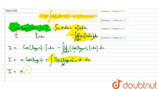 The integral `intcos(log_(e)x)dx` is equal to: (where C is a constant of integration) смотреть онлайн