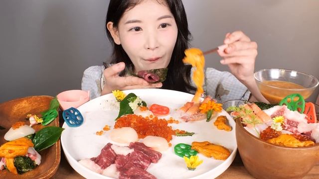 삼합회😎 날로 먹는 차돌삼합🥩생차돌박이 성게알 관자회 차돌삼합 먹방 Raw Beef Brisket & Seafood [eating Show] Mukbang Korean Food